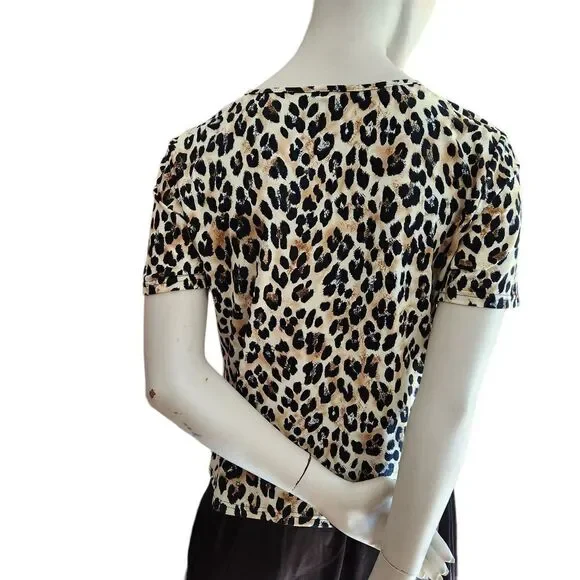 Shein Pullover Top Women's Animal Print Tan Black Sequin Lips - Picture 6 of 8
